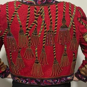 Vintage Niteline Red Sequined Holiday Jacket Tassels Silk Blazer 80s XL
